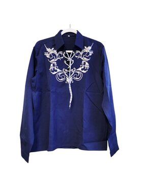 Mens Blue Long Sleeve Shirt   Embroidered Lace-Up Front Size S  Western Style